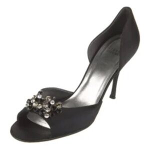 Stuart Weitzman Satin D'Orsay Peep Toe Pumps w/ Crystal (Black)